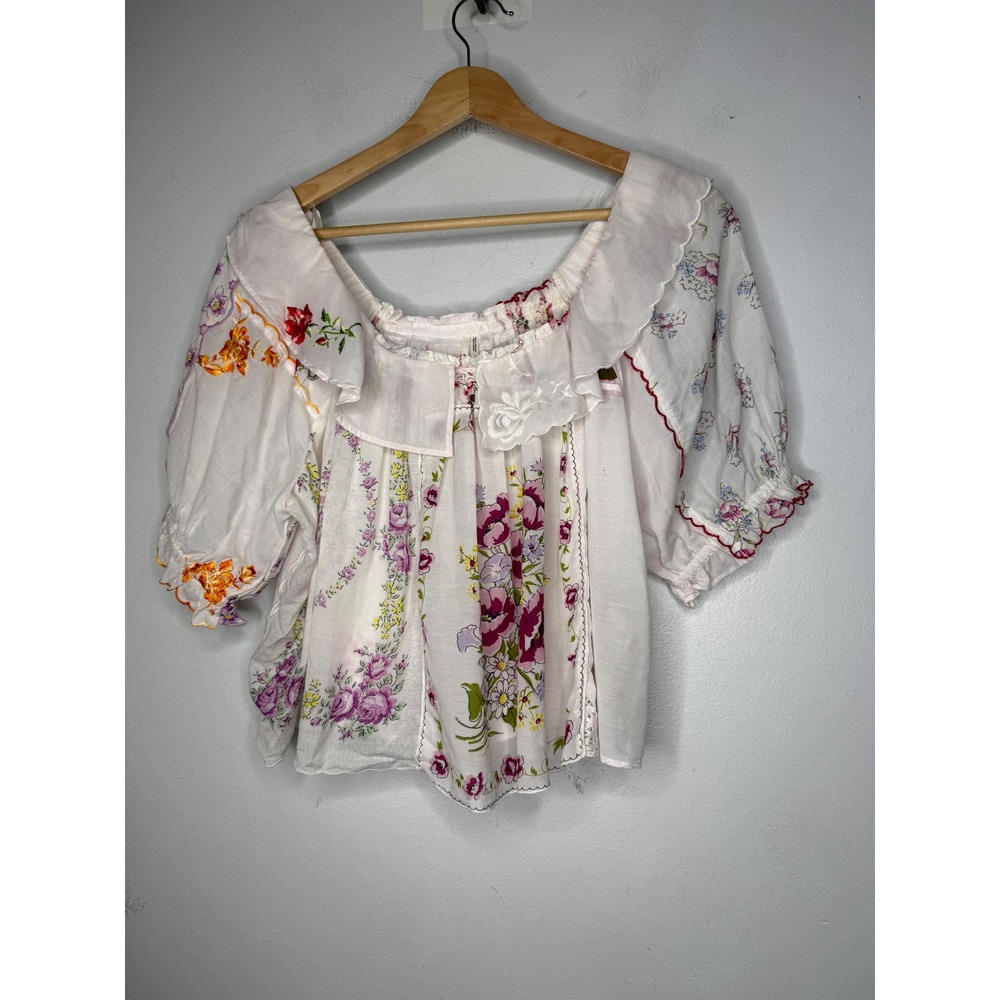 Anthropologie Mixed Floral Embroidered Ruffle Collar Puff Sleeve Blouse Small